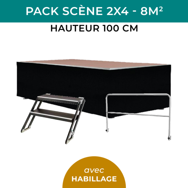 Pack scène 2x4 - 8m2 - Hauteur 1m - avec habillage avec garde-corps