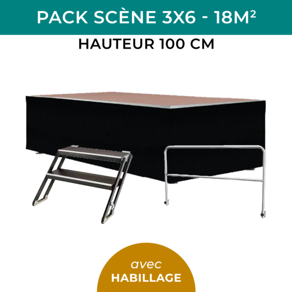 Pack scène 3x6 - 18m2 - Hauteur 1m - avec habillage avec garde-corps